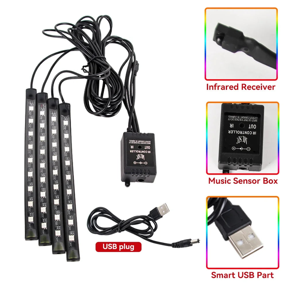 NEON LED Car Interior Ambient Foot Light Wireless Remote Music/APP Control Auto