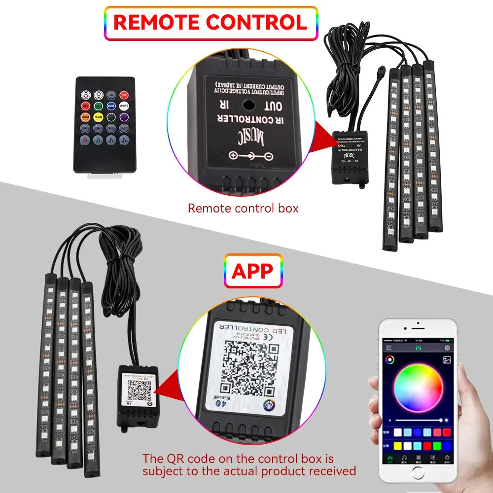 NEON LED Car Interior Ambient Foot Light Wireless Remote Music/APP Control Auto