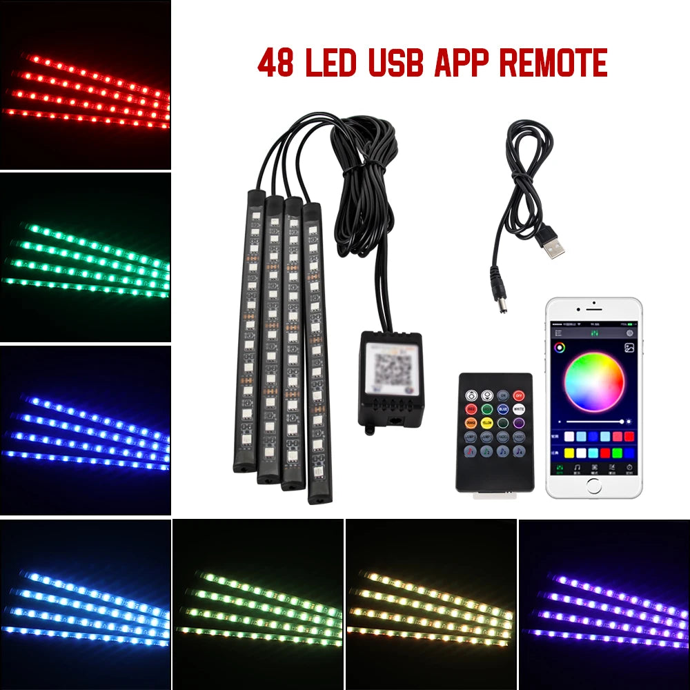 NEON LED Car Interior Ambient Foot Light Wireless Remote Music/APP Control Auto