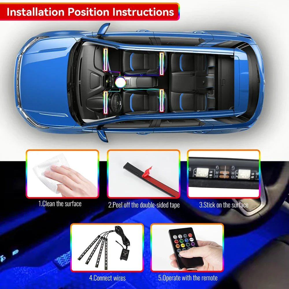 NEON LED Car Interior Ambient Foot Light Wireless Remote Music/APP Control Auto