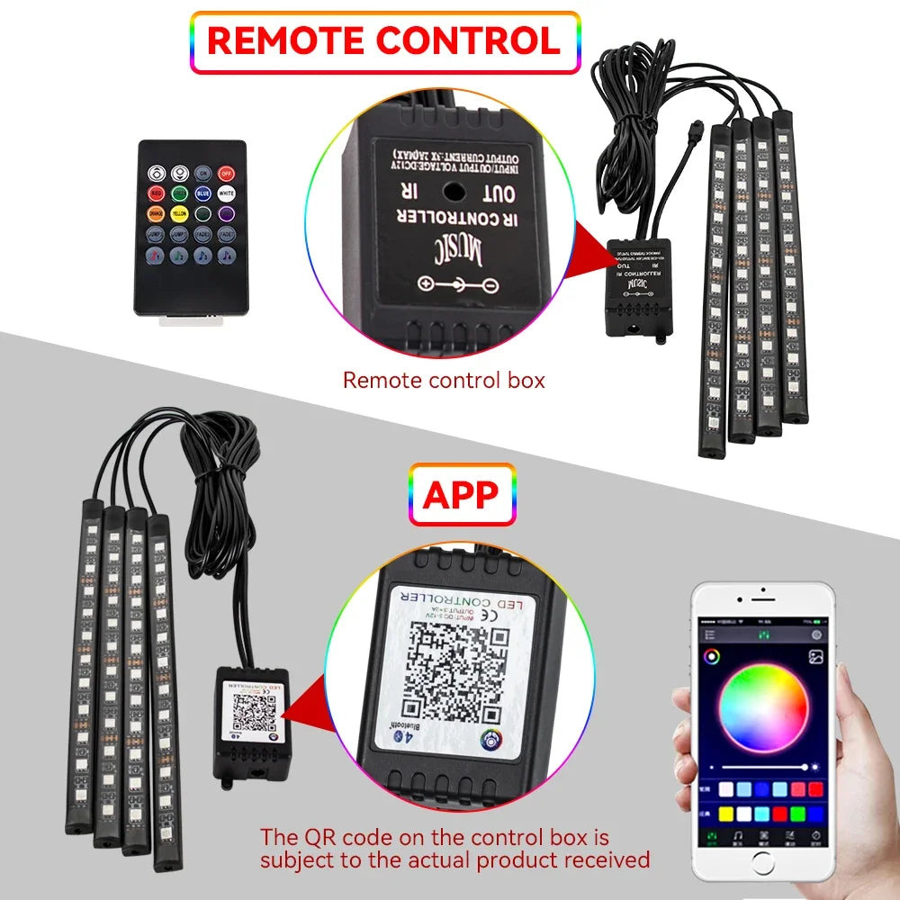 NEON LED Car Interior Ambient Foot Light Wireless Remote Music/APP Control Auto