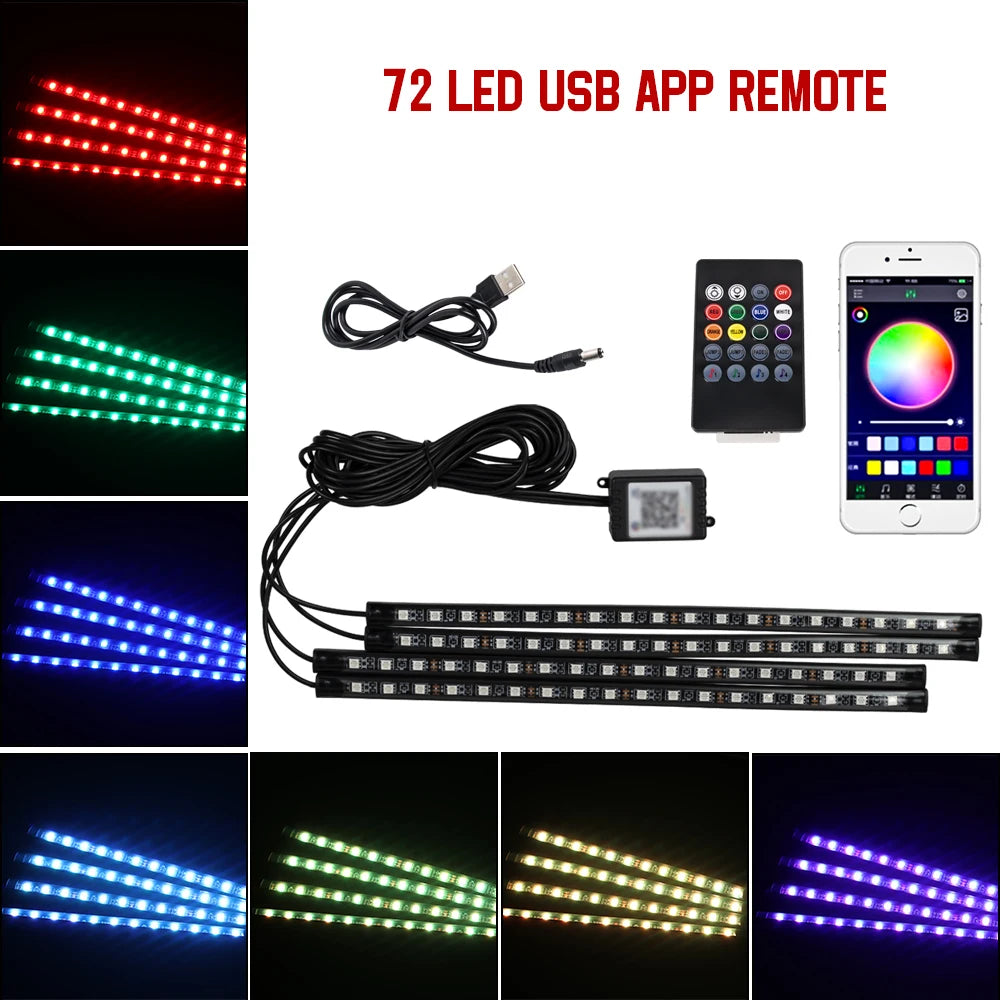 NEON LED Car Interior Ambient Foot Light Wireless Remote Music/APP Control Auto